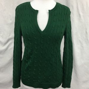 Ralph Lauren Green Cable Knit V Neck Sweater Sz M